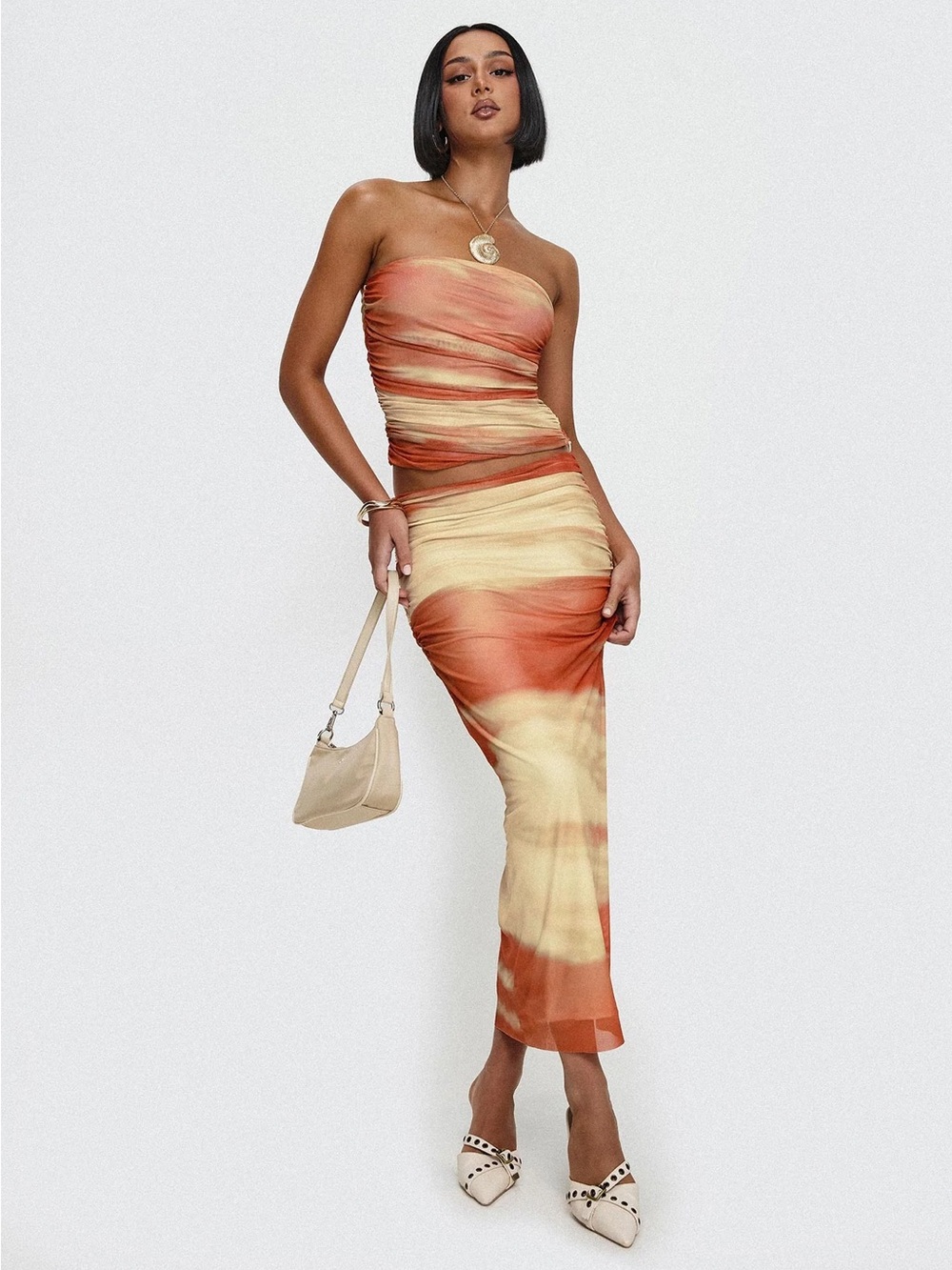Princess Polly Strapless Tie-Dye Midi Dress in Orange and Cream